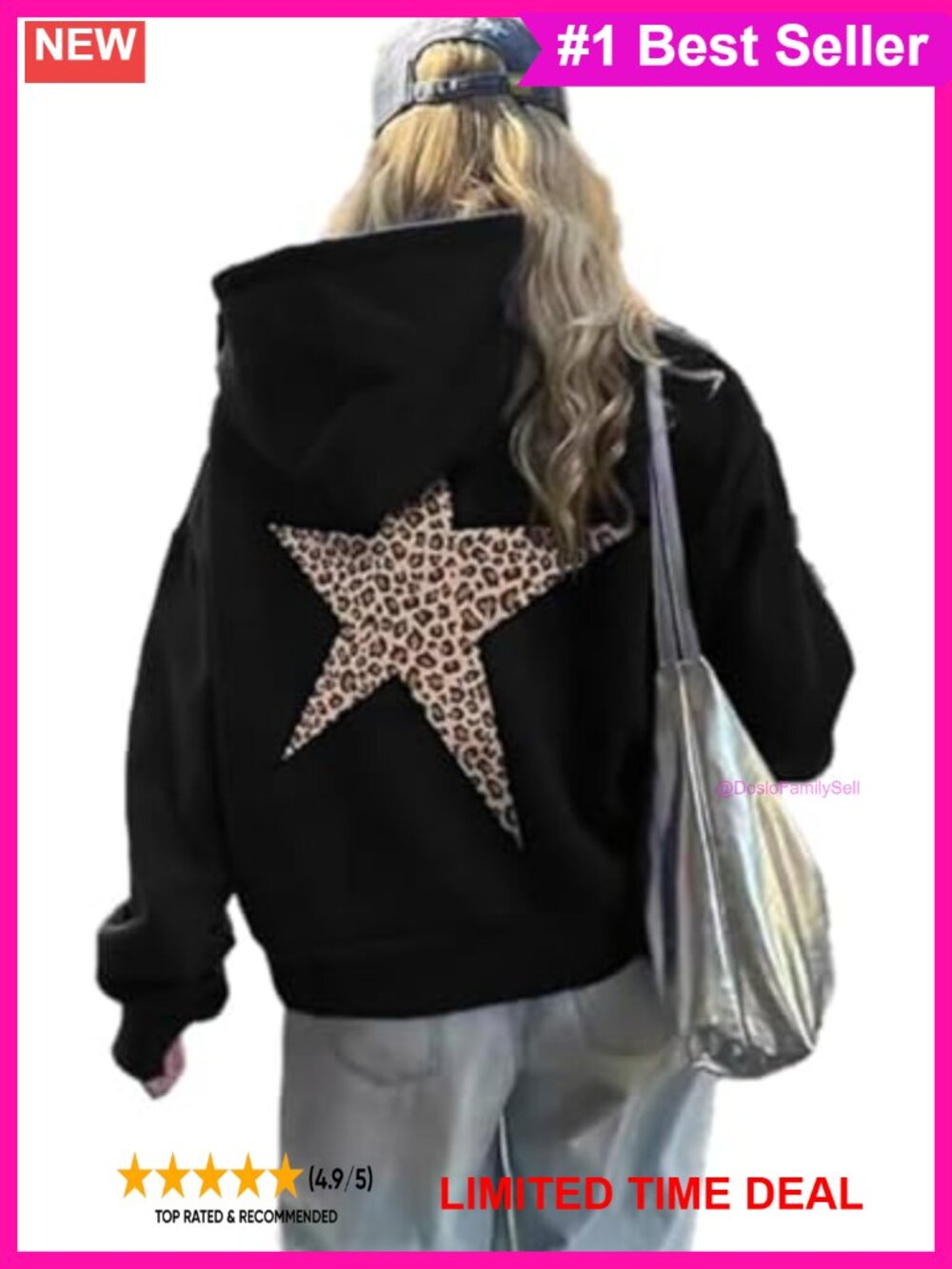 Oversized Leopard Star Graphic Hoodie Long Sleeve Pullover Sweatshirt